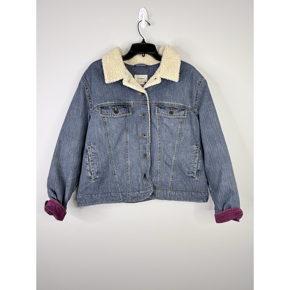 Vintage LL Bean Denim Jean Jacket 90s Sherpa Lined Trucker Coat Womens XLP